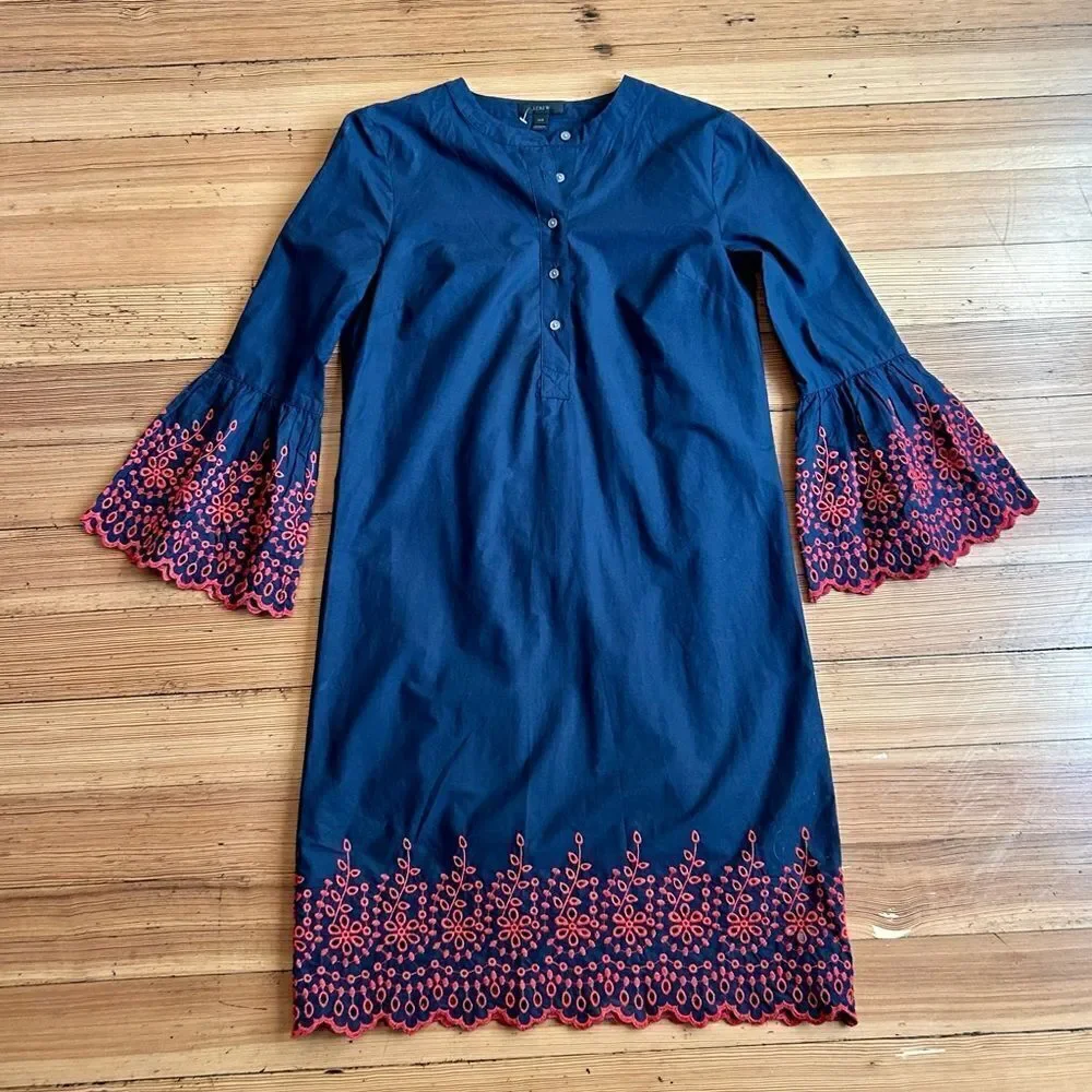 J. Crew eyelet bell sleeve dress, navy. Size XXS. NWOT.